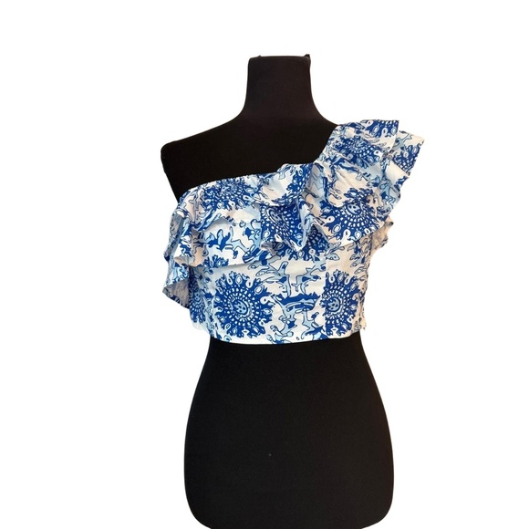 NWT SHEIN Womens Size L Blue White One Shoulder Ruffle Crop Top Floral Chic - Picture 2 of 6